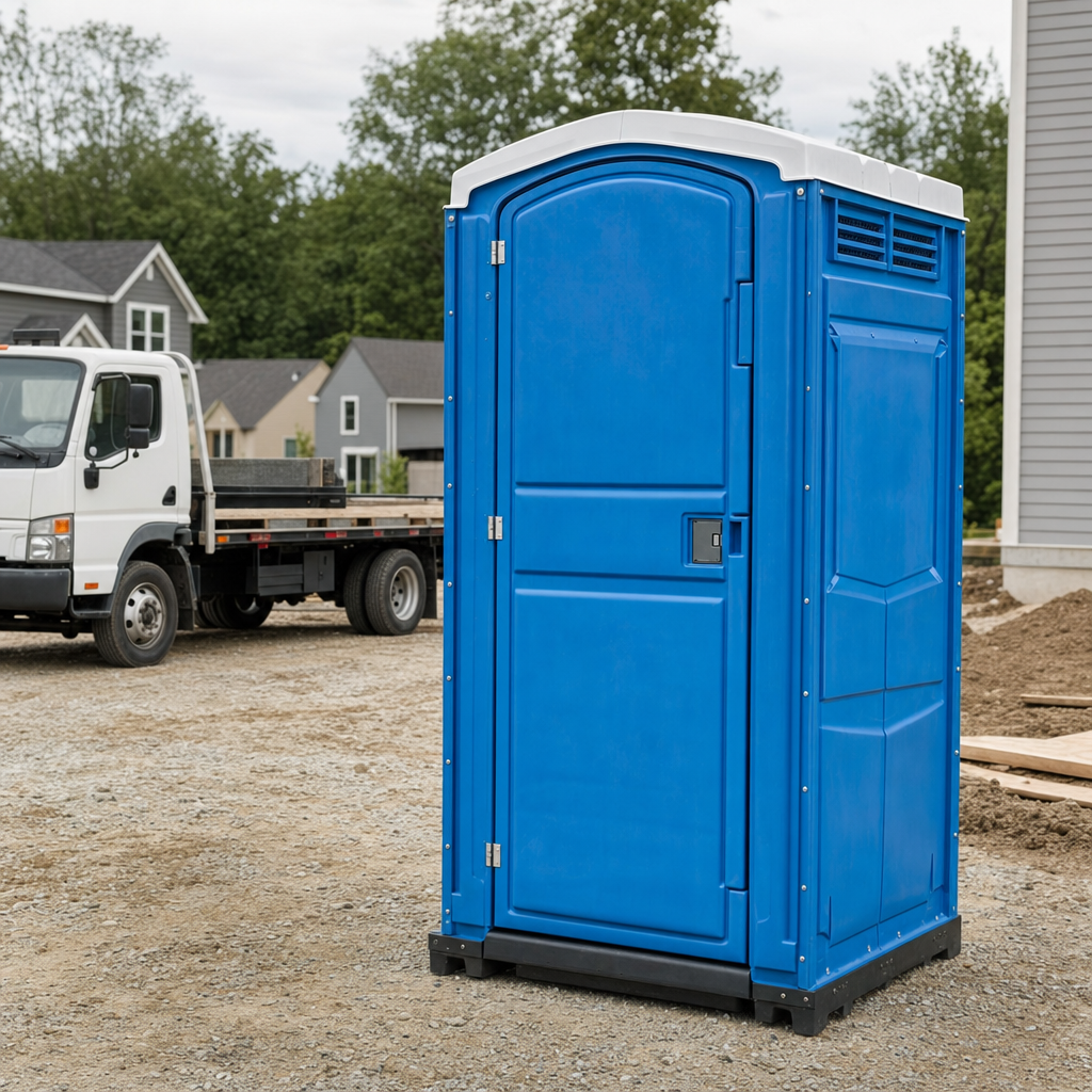 Delivery driver positioning a clean royal-blue portable toilet on level ground at a Fort Pierce worksite